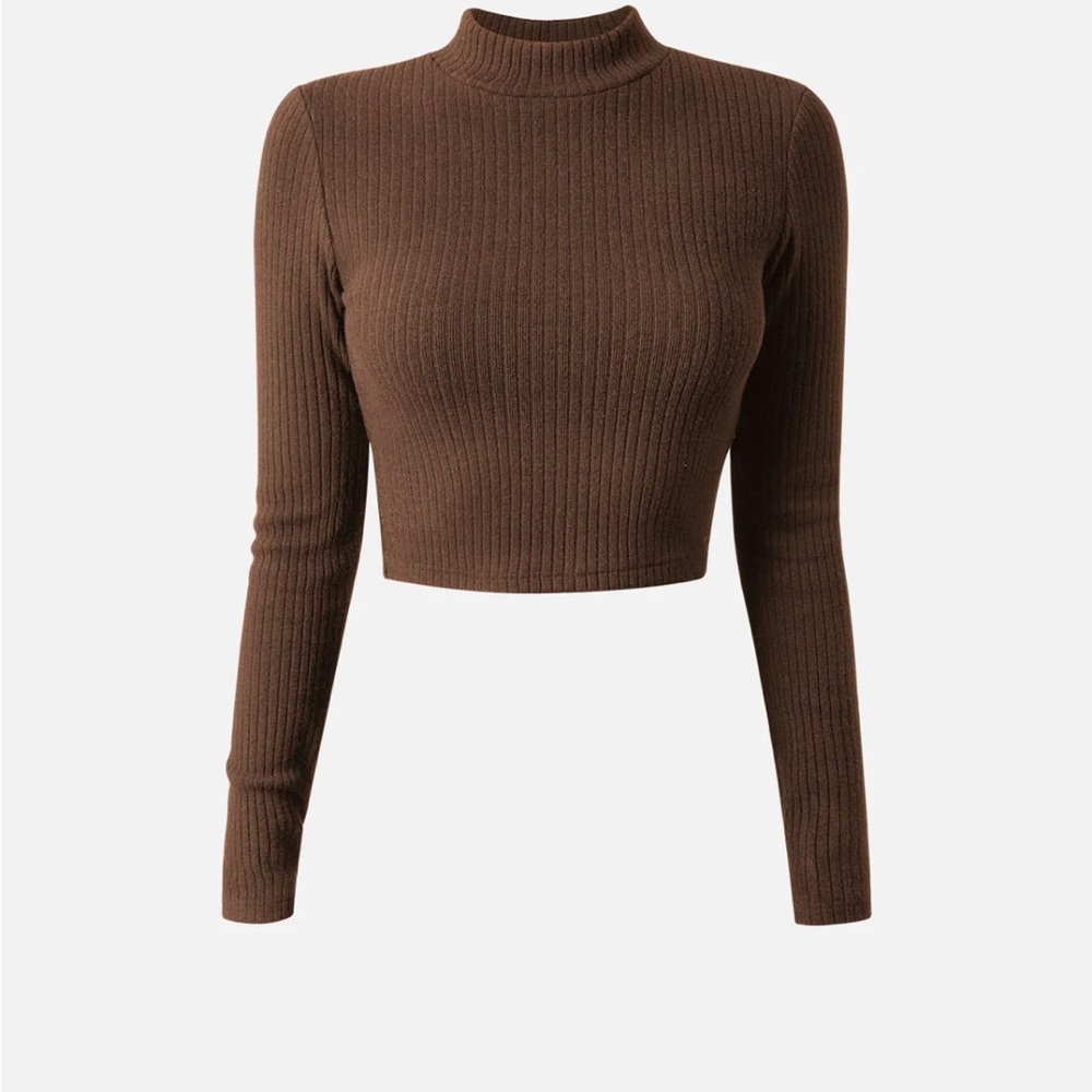 crop mock neck turtleneck light sweater in brown “chestnut” color